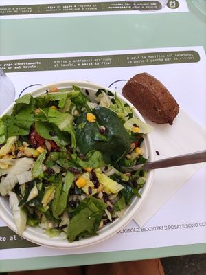 Vegan salad with a small bread at Salad House in Milan