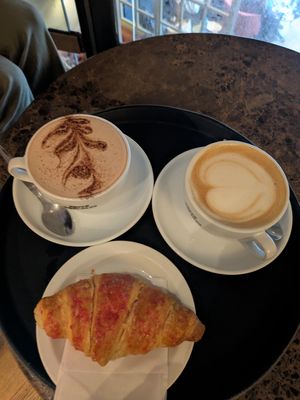 Vegan Raspberry Croissant, Caramel Oat Latte, Hot Cocoa (not vegan in this picture) at Caffè Nero - O'Connell St Lower in Dublin