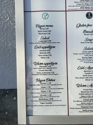 Vegan menu  at 3 Pigs in Rhodes