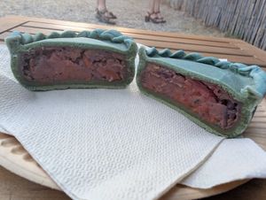 Sardinian Panada appetizer with white beans, beets, pistachio, cabbage at Vegamare in Alghero