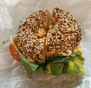 Vegan bagel sandwich   at Black Cabin Coffee in South Lake Tahoe