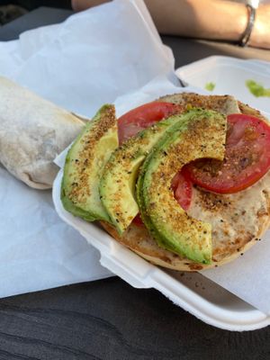 Open faced veggie bagel and soyrizo burrito  at Black Cabin Coffee in South Lake Tahoe