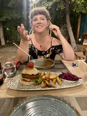 The falafel burger and my beautiful wife!  at GOGO in Fethiye