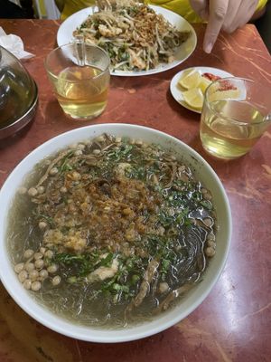 Faux meat chunks in vegetable broth with glass noodles, dumplings and cilantro. The other meal is friend pho noodles with faux shrimps and tofu.   at Bo De Tam in Prague