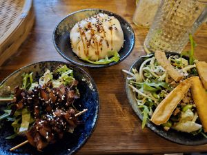 Starters (all) Left: fake goat (great!). Middle: Hefekloß. Right: Papaya salad at Veganese Quan Chay in Leipzig