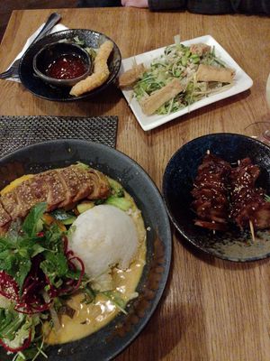 Vegane Ente, saté Spieße, vegane Garnelen und Papaya Salat at Veganese Quan Chay in Leipzig