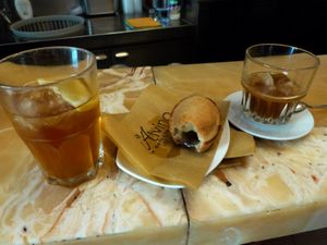 ice tea, vegan pasticciotto, caffè leccese (it's vegan, with almond milk) at Caffè Alvino in Lecce