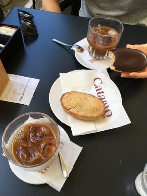 Cafè leccese, vegan pasticciotto on the bottom and vegan fruttone on top.   at Caffè Alvino in Lecce