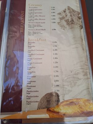 Menu at Caffè Alvino in Lecce