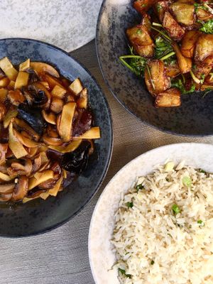 Bamboo shoots & mushrooms, Eggplant Chinese style with cilantro in sweet and sour sauce, rice with onion at Imperial Chinese in Paphos