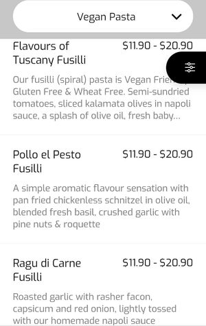 Vegan pasta at Sanjos in Wodonga