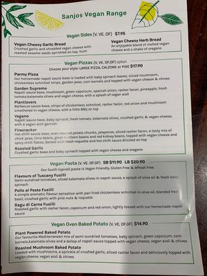 Menu  at Sanjos in Wodonga