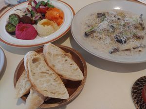 Their meal menus : Hummus salad and mushroom cream pasta. It was nice. at Thanks Vegan in Gyeonggi-do