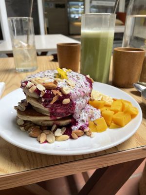 Pancakes and cashew milk iced matcha   at KURUMI in Da Nang