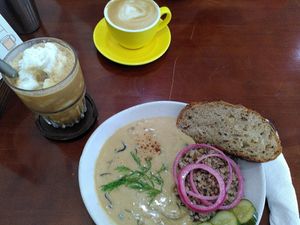 stroganoff with buckwheat and a coconut coffee at KURUMI in Da Nang