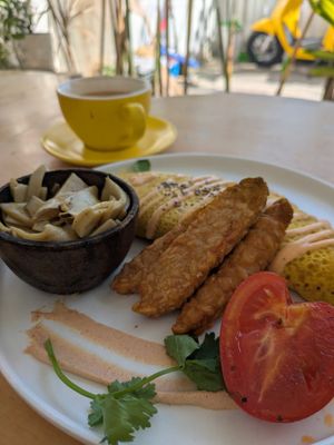 Chickpea omelette with extra tempeh at KURUMI in Da Nang