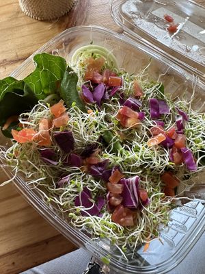 Taco’s from to-go case(dressing now says honey but the person working there said it doesn’t actually contain honey and is still vegan)   at Happy Healthy Human in Indian Harbour Beach