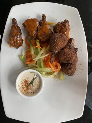 1/2 blackened and 1/2 buffalo. So crispy and crunchy  at Jonny NoBones at the Old Riverhouse Vegan Village in Fort Lauderdale