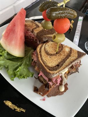 Oy vey! Best Reuben experience ever. That corned beef though!!! Must experience for yourself.  at Jonny NoBones at the Old Riverhouse Vegan Village in Fort Lauderdale
