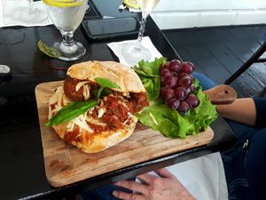 "Meatball" sub on Ciabbata--HUGE DELICIOUS--and my Meat eater friends gobbled it down with gusto.  at Jonny NoBones at the Old Riverhouse Vegan Village in Fort Lauderdale