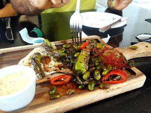 Everyone loves a blistered Shishito pepper....great starter to share at Jonny NoBones at the Old Riverhouse Vegan Village in Fort Lauderdale