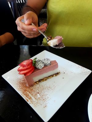 creamy dreamy dessert.  This one is strawberry dragon fruit with mochie. at Jonny NoBones at the Old Riverhouse Vegan Village in Fort Lauderdale