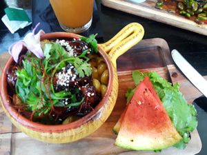 Unquestionably another of my Favs --the Mac-N-Cheese with Smoked Burnt Ends.  A barbq lover will understand why this vegan version is important.  Creamy, , smokey, comforting. at Jonny NoBones at the Old Riverhouse Vegan Village in Fort Lauderdale