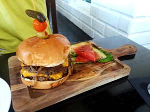 Now THAT's a burger.  IMPOSSIBLE to believe. at Jonny NoBones at the Old Riverhouse Vegan Village in Fort Lauderdale