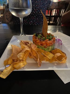 "salmon" tartare at Jonny NoBones at the Old Riverhouse Vegan Village in Fort Lauderdale
