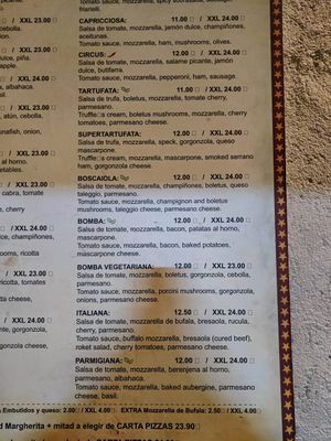 Menu at Pizza Circus in Barcelona