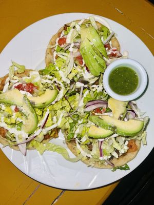Sopes de chorizo con papa acompañados de salsa verde   at BaoVegan in Cancun