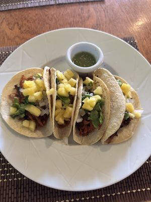 Pastor styled tacos with pineapples   at BaoVegan in Cancun