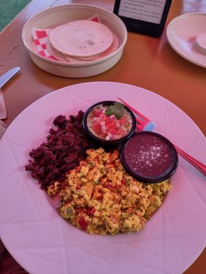 Tofu scramble with vegan chorizo. It also had black bean and guacamole. I also asked for some salsa piquante. at BaoVegan in Cancun