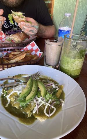 Veggie baguette, fries, enchiladas & pineapple daiquiri (mocktail)  at BaoVegan in Cancun