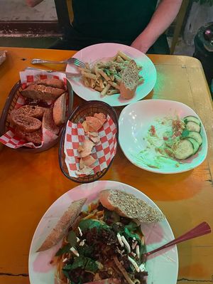 Garlic bread, pesto pasta and bolognese - brownie not pictured which was fantastic    at BaoVegan in Cancun
