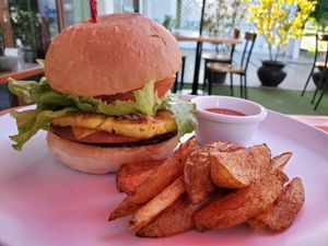 Hawaiian burger with house patty at BaoVegan in Cancun