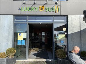 From outside at Lucky Sushi in Koege
