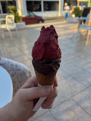 Vegan Forest fruits and dark chocolate ice cream with vegan cone  at Fiordilatte in Rhodes