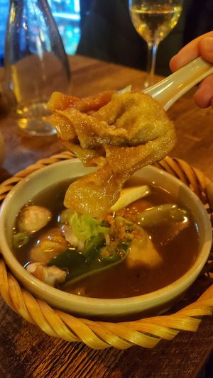 Close wantan in wantan soup starter at Comcha Vegan in Berlin