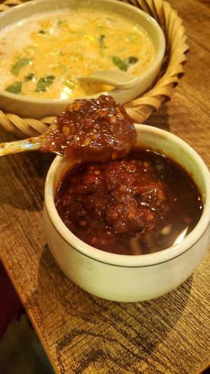 Spicy homemade really good sauce at Comcha Vegan in Berlin