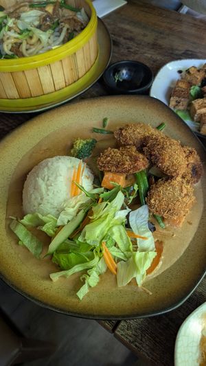 Fake chicken, peanut sauce at Comcha Vegan in Berlin