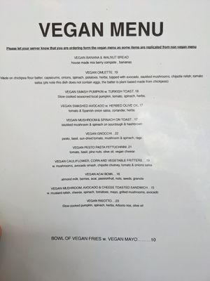 Vegan menu as at August 2022 at Hey Joe in Brisbane