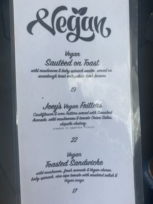 Six vegan menu options plus a blackboard special   at Hey Joe in Brisbane