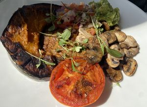 “Omelette” was tiny (spot it in the middle), and the roast pumpkin was half cookedd  at Hey Joe in Brisbane