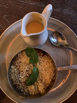 Damson &brambly crumble with vegan custard  at The Hawk Inn in Battlesbridge