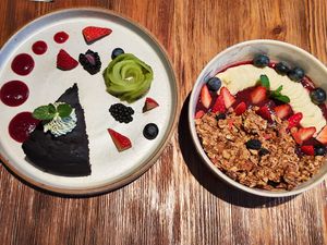 Chocolate cake and acai bowl at Duli in Shanghai