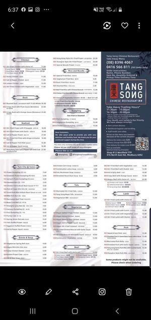 Menu at Tang Song Chinese Resturant in Modbury