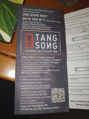 Menu at Tang Song Chinese Resturant in Modbury
