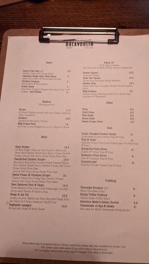 Current menu Oct 2022 at The Balavoulin in Aviemore