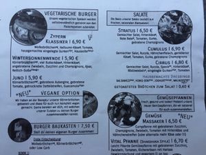 Menu vegan at WOLKE 8 Burgerhandlung in Montabaur